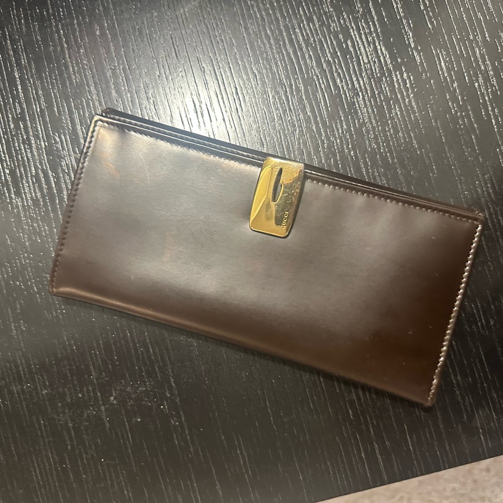 Gucci- Brown Leather Wallet with Gold Clasp